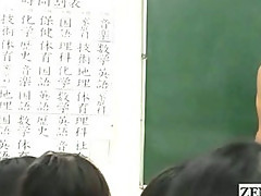 Subtitled clothed Japanese teacher on nude school day