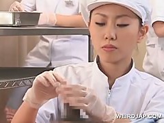 Teen asian nurses rubbing shafts for sperm medical exam